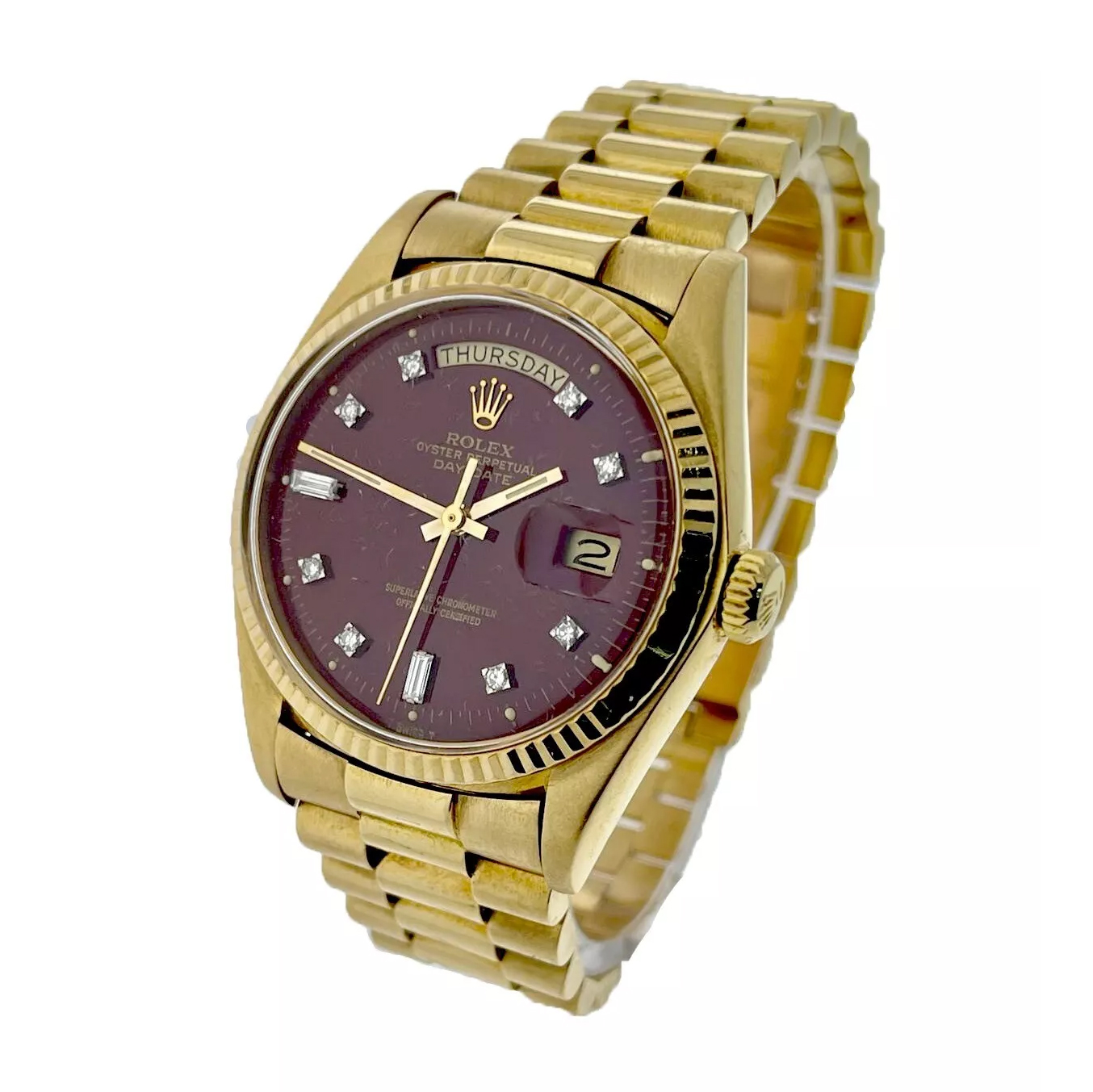 Rolex DayDate Oxblood Stella Diamond Dial Automatic 36mm 18K Gold President 1803