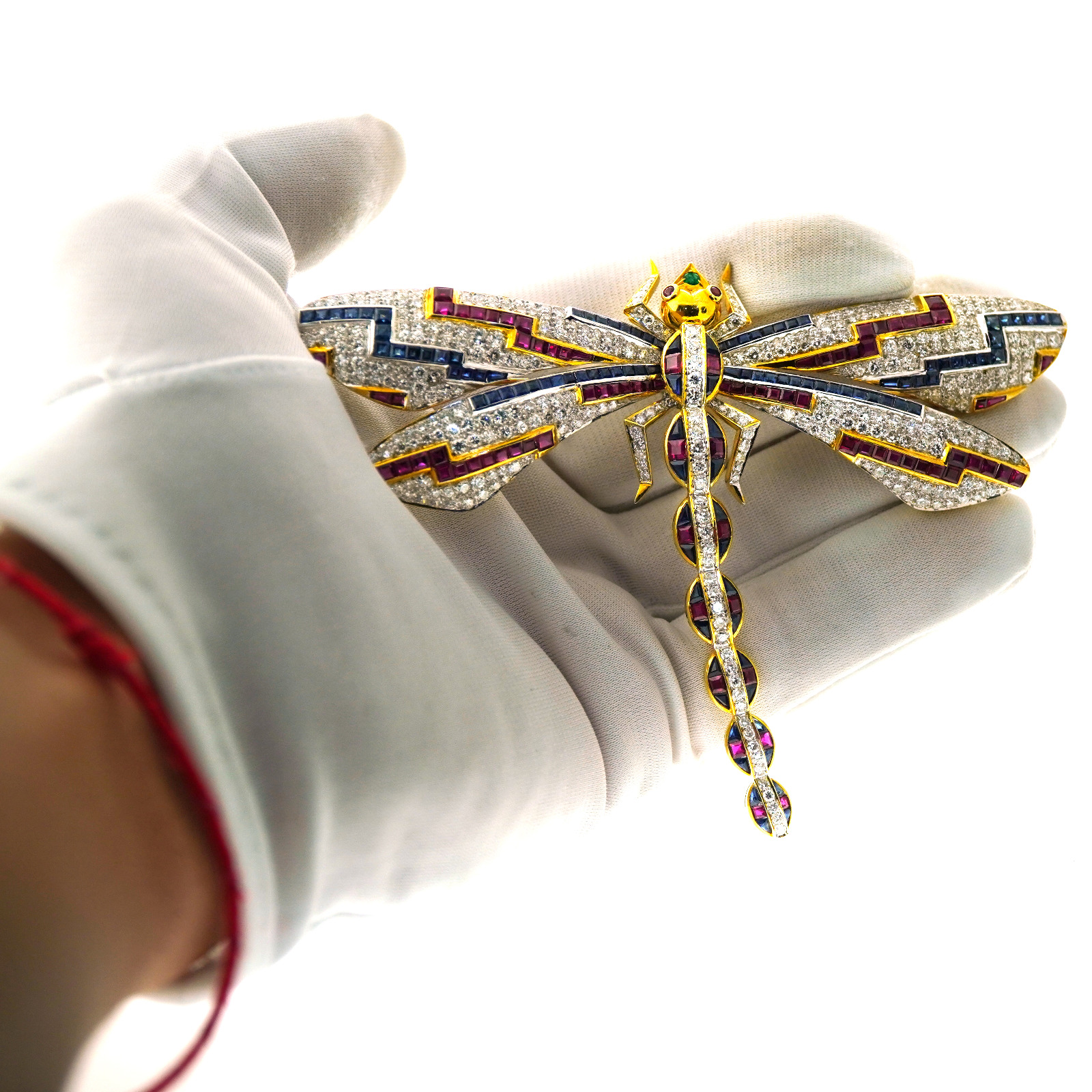 Statement Art Deco Dragonfly Brooch in 18k Gold Featuring Diamonds, Rubies, Sapphires & Emeralds - Image 5