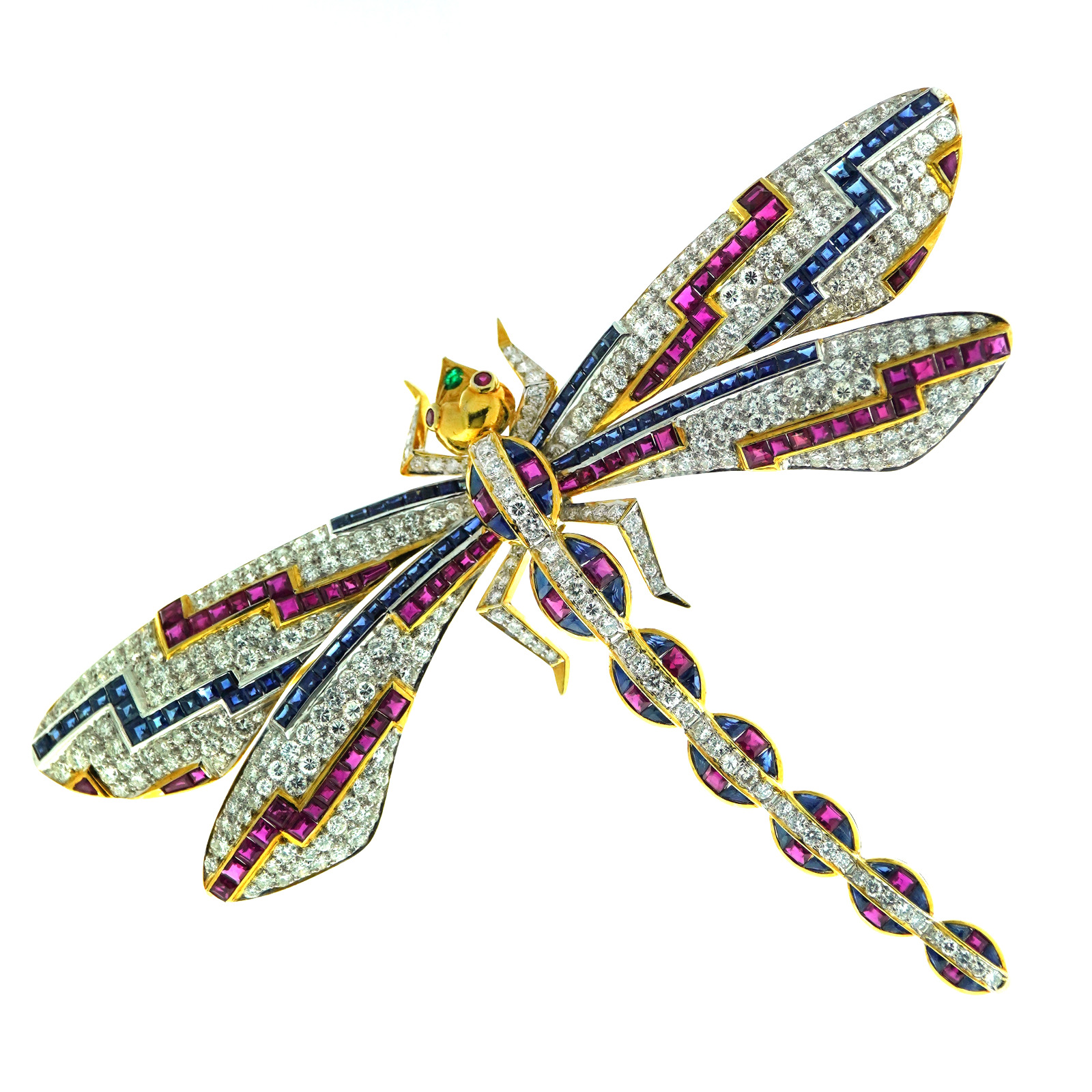 Statement Art Deco Dragonfly Brooch in 18k Gold Featuring Diamonds, Rubies, Sapphires & Emeralds - Image 2