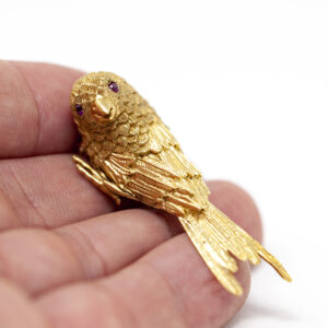 Exquisite Erwin Pearl 18K Yellow Gold Bird Brooch with Ruby Eyes