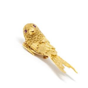 Exquisite Erwin Pearl 18K Yellow Gold Bird Brooch with Ruby Eyes