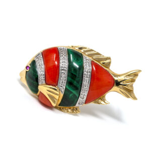 Vintage 14k Gold Fish Brooch – Malachite, Coral, Diamonds, and Ruby Eyes