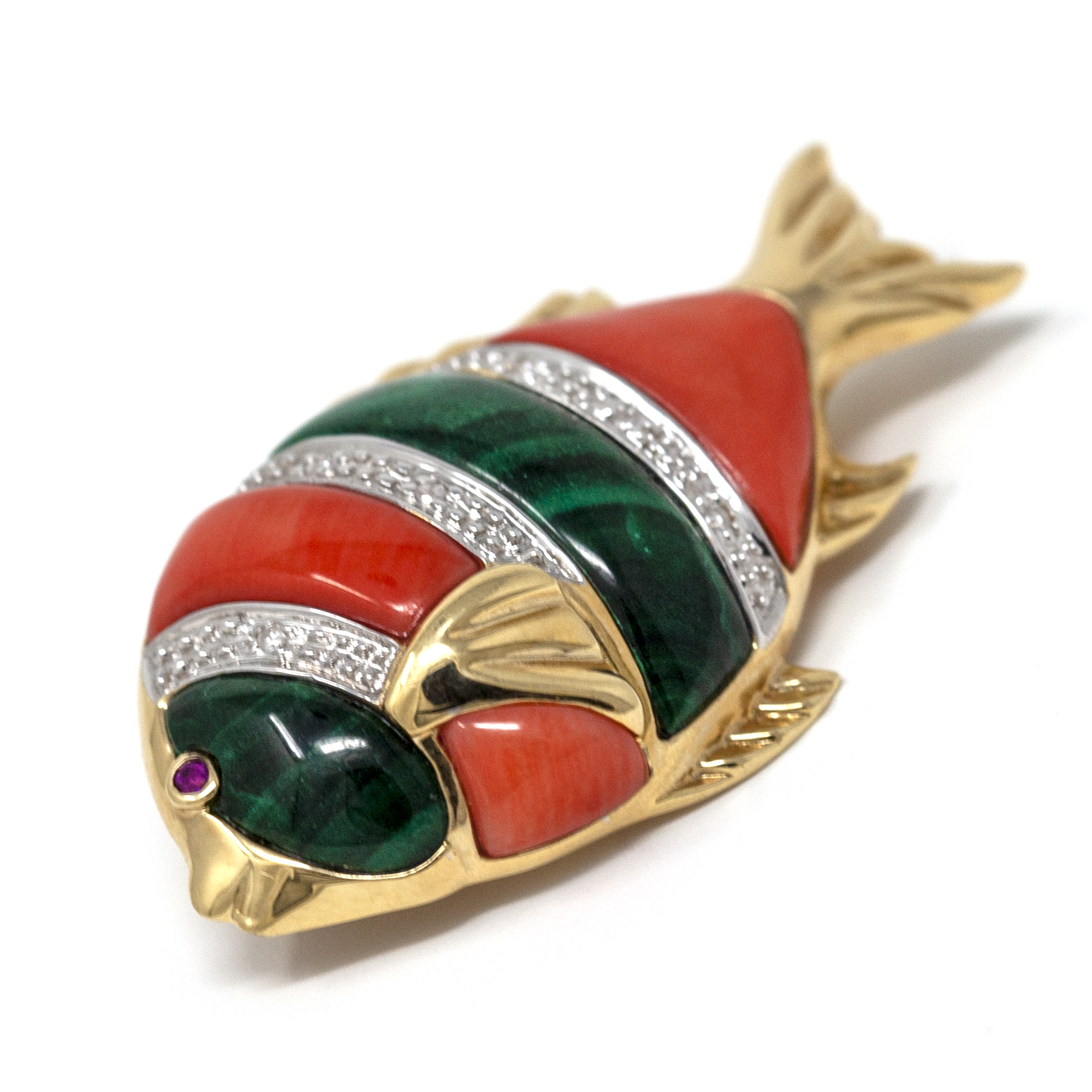 Vintage 14k Gold Fish Brooch – Malachite, Coral, Diamonds, and Ruby Eyes - Image 2