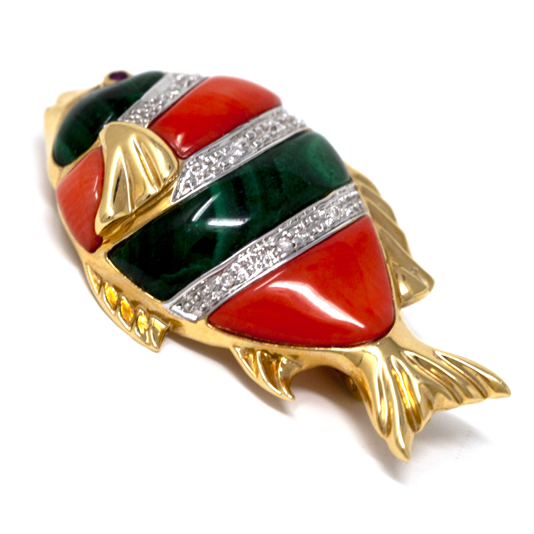 Vintage 14k Gold Fish Brooch – Malachite, Coral, Diamonds, and Ruby Eyes - Image 3