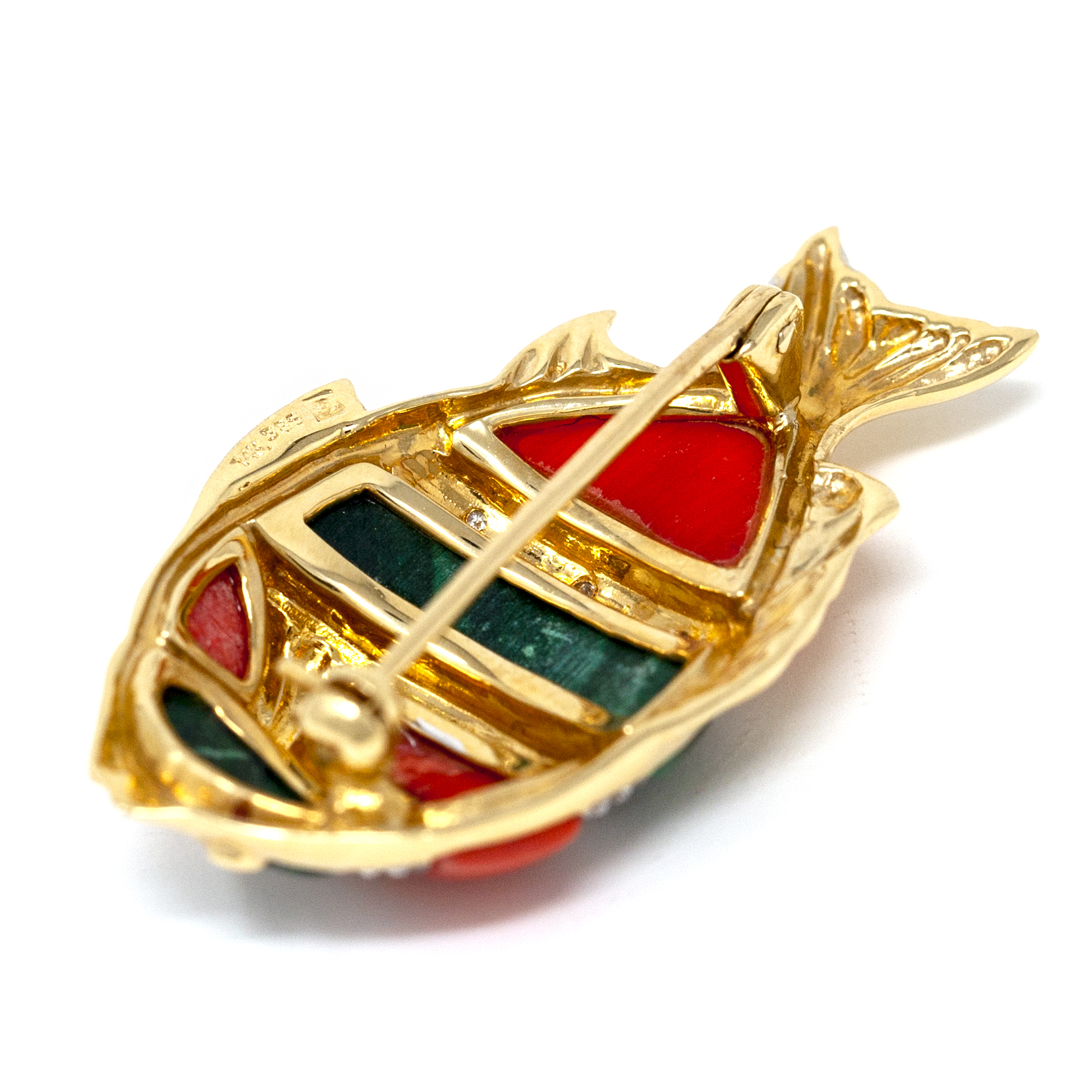 Vintage 14k Gold Fish Brooch – Malachite, Coral, Diamonds, and Ruby Eyes - Image 4