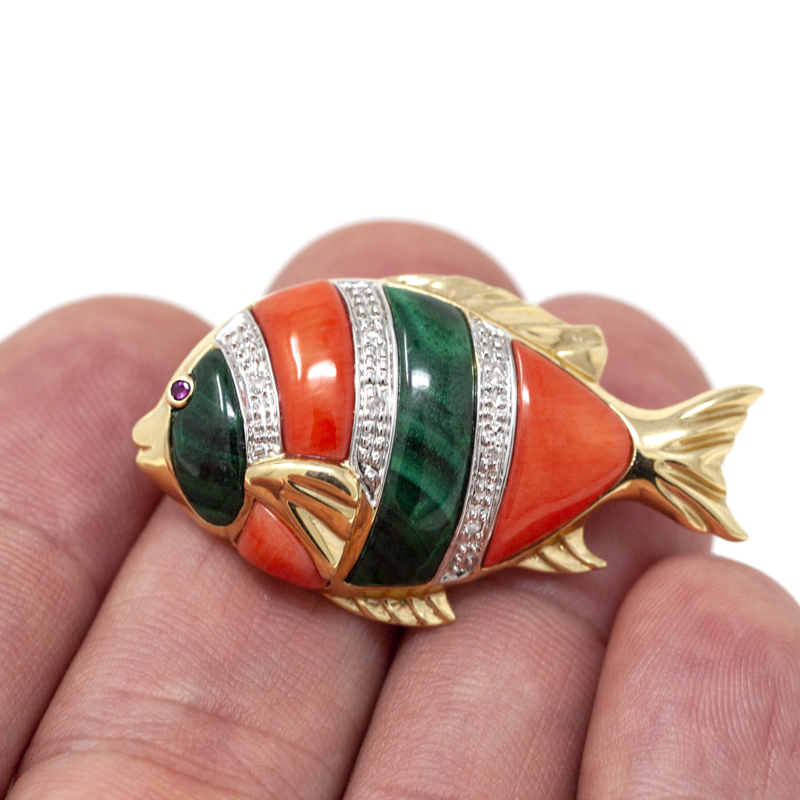 Vintage 14k Gold Fish Brooch – Malachite, Coral, Diamonds, and Ruby Eyes - Image 5