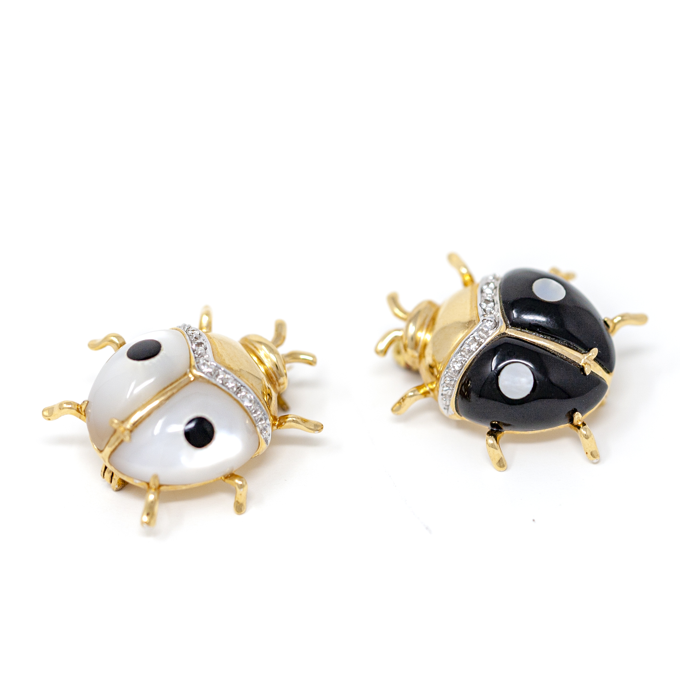 Elegant 14k Gold Ladybug Brooches with Onyx and Mother of Pearl