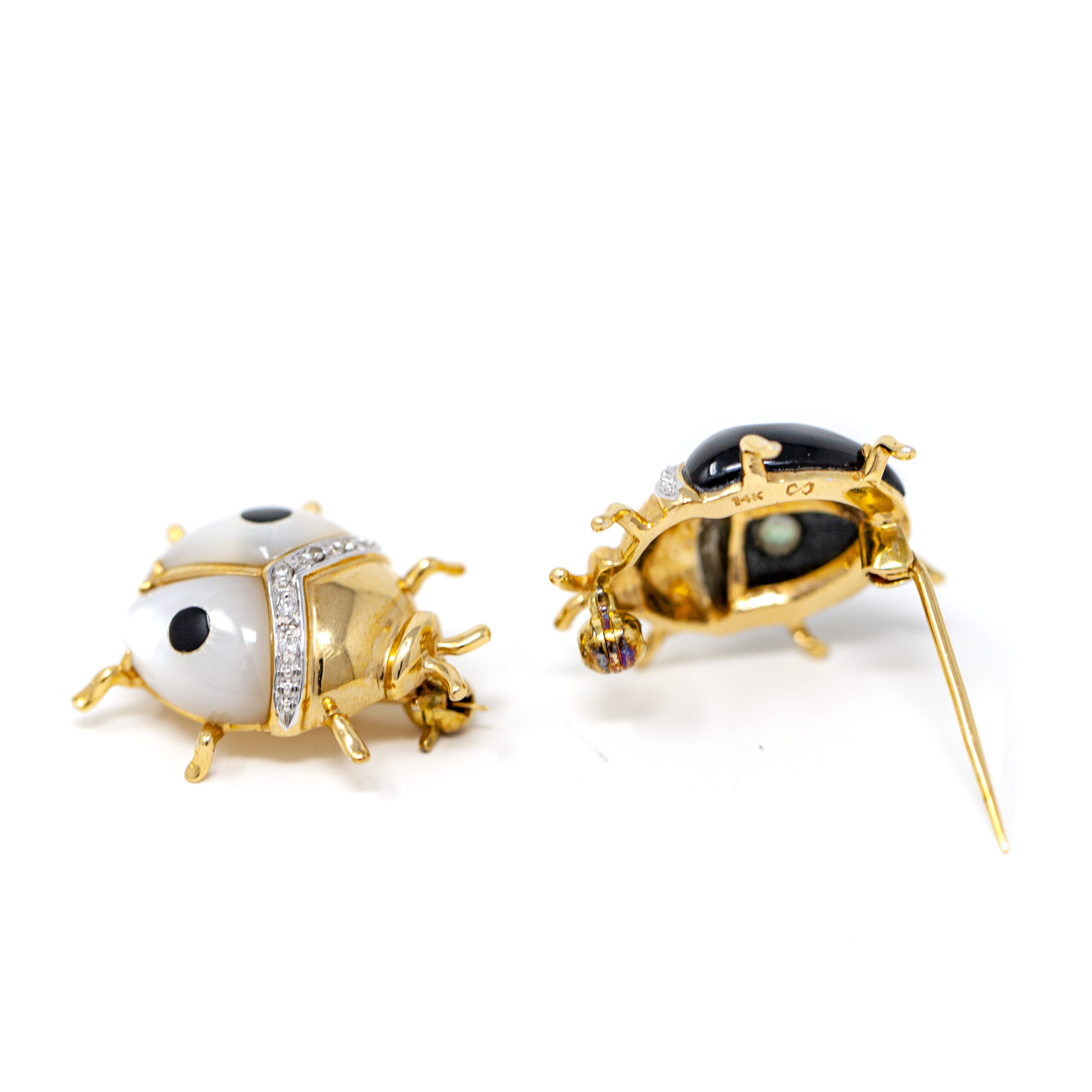 Elegant 14k Gold Ladybug Brooches with Onyx and Mother of Pearl - Image 3