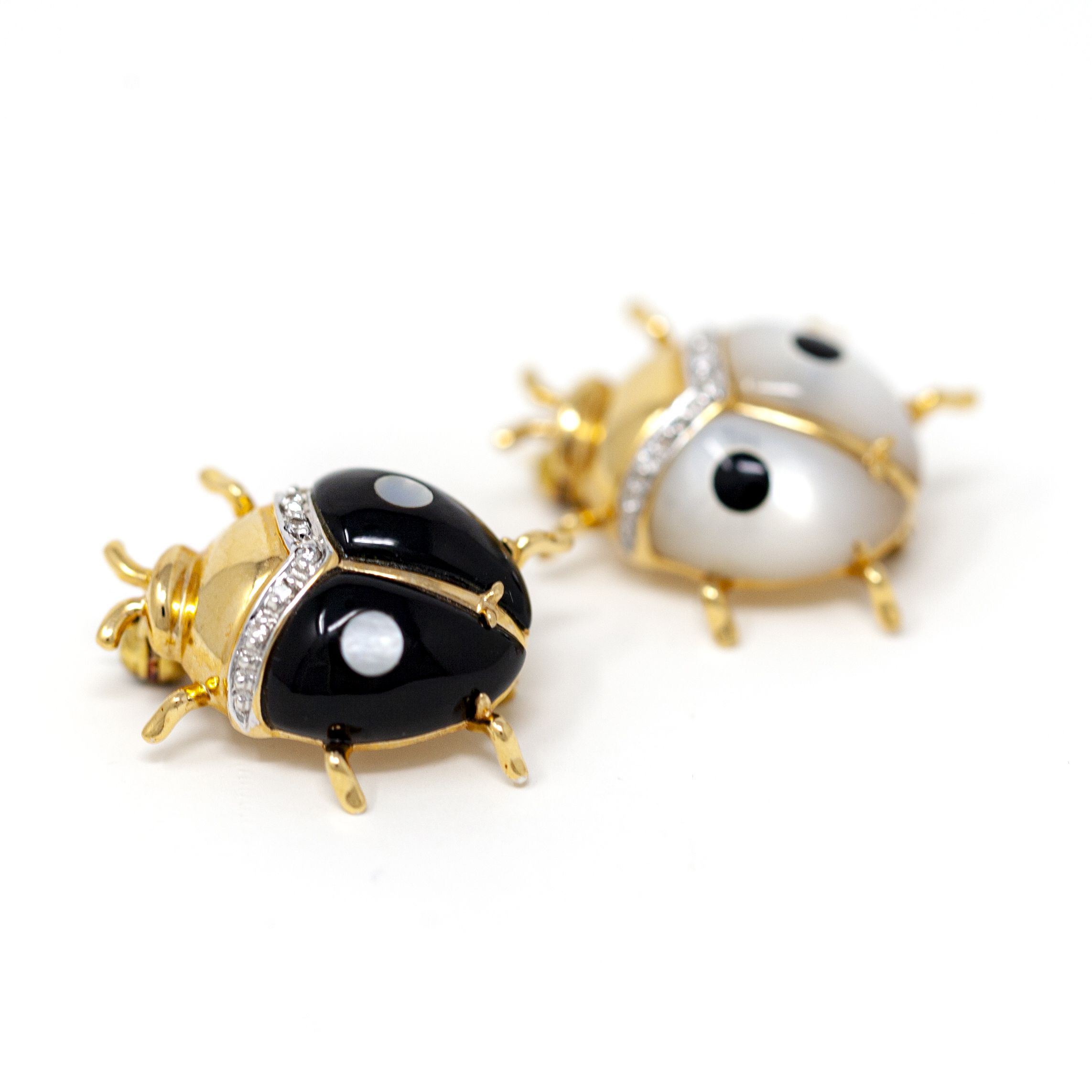 Elegant 14k Gold Ladybug Brooches with Onyx and Mother of Pearl - Image 6
