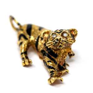 Vintage 18K Gold Tiger Brooch with Enamel and Diamond Eyes