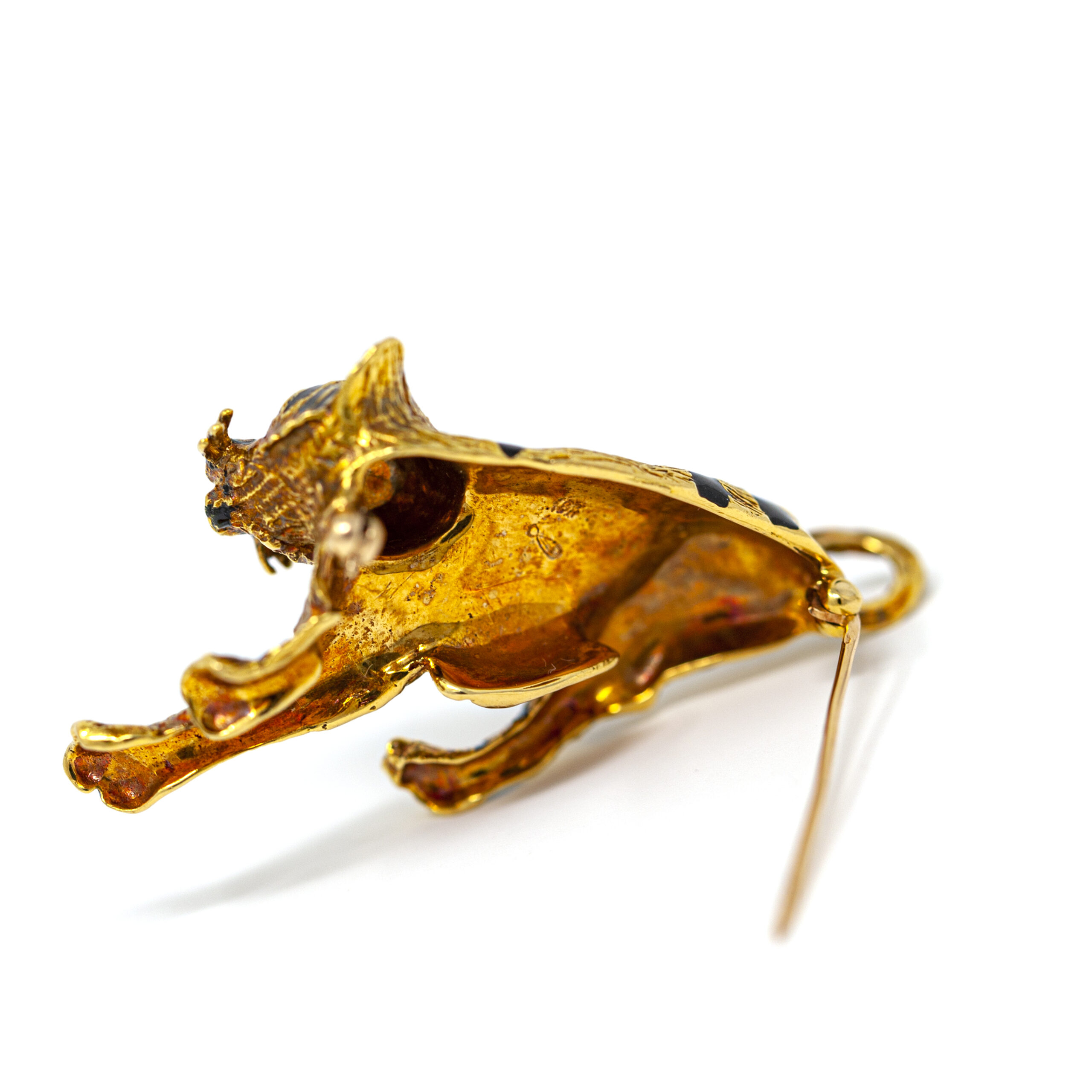 Vintage 18K Gold Tiger Brooch with Enamel and Diamond Eyes - Image 3