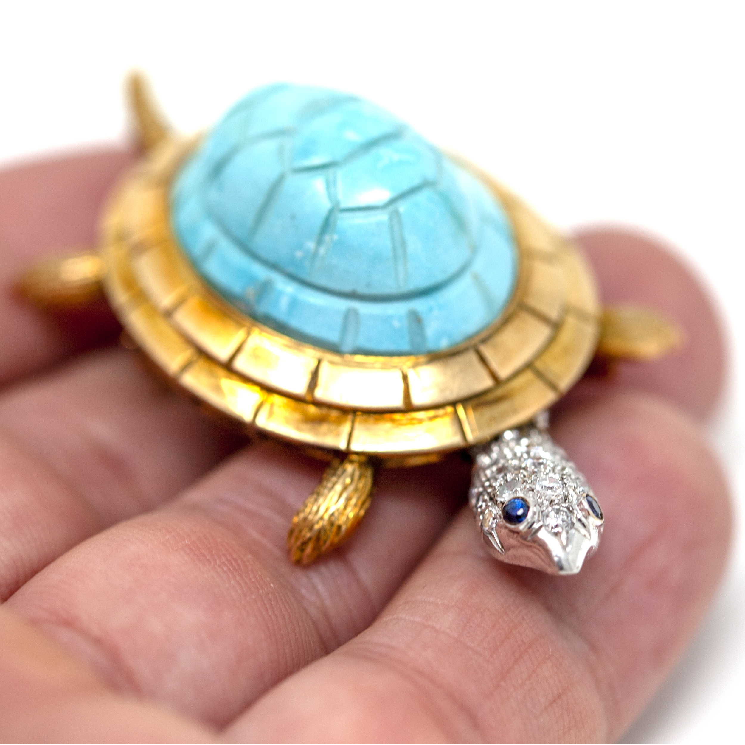 Vintage Gold Turtle Brooch with Turquoise, Diamonds, and Blue Sapphire Eyes - Image 5
