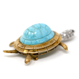 Vintage Gold Turtle Brooch with Turquoise, Diamonds, and Blue Sapphire Eyes