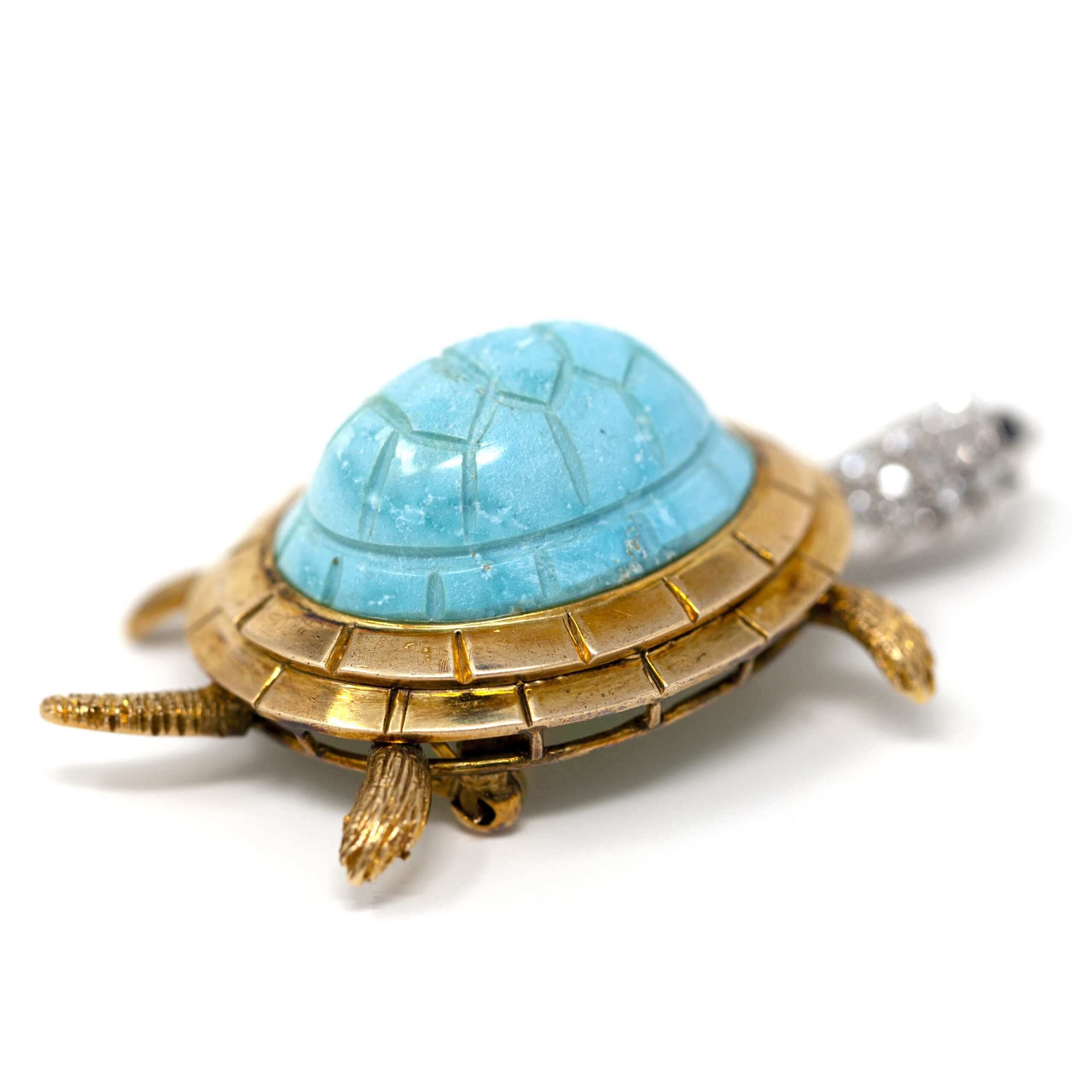 Vintage Gold Turtle Brooch with Turquoise, Diamonds, and Blue Sapphire Eyes - Image 2