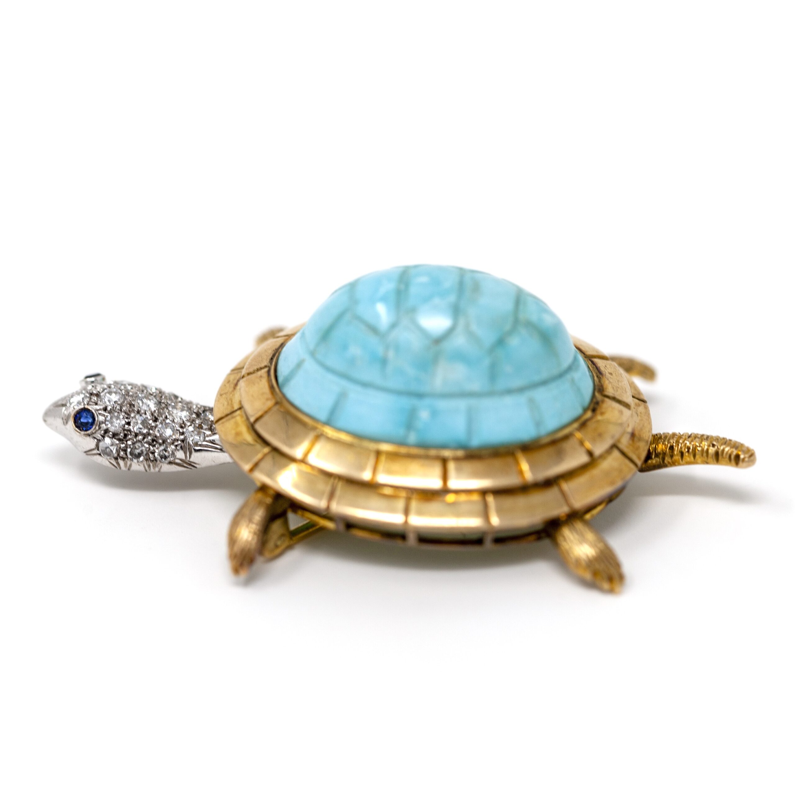 Vintage Gold Turtle Brooch with Turquoise, Diamonds, and Blue Sapphire Eyes - Image 3