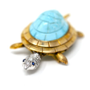 Vintage Gold Turtle Brooch with Turquoise, Diamonds, and Blue Sapphire Eyes