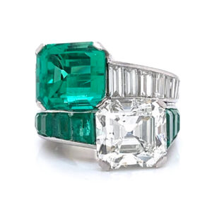 Art Deco Platinum GIA Certified Diamond & Colombian Emerald Ring