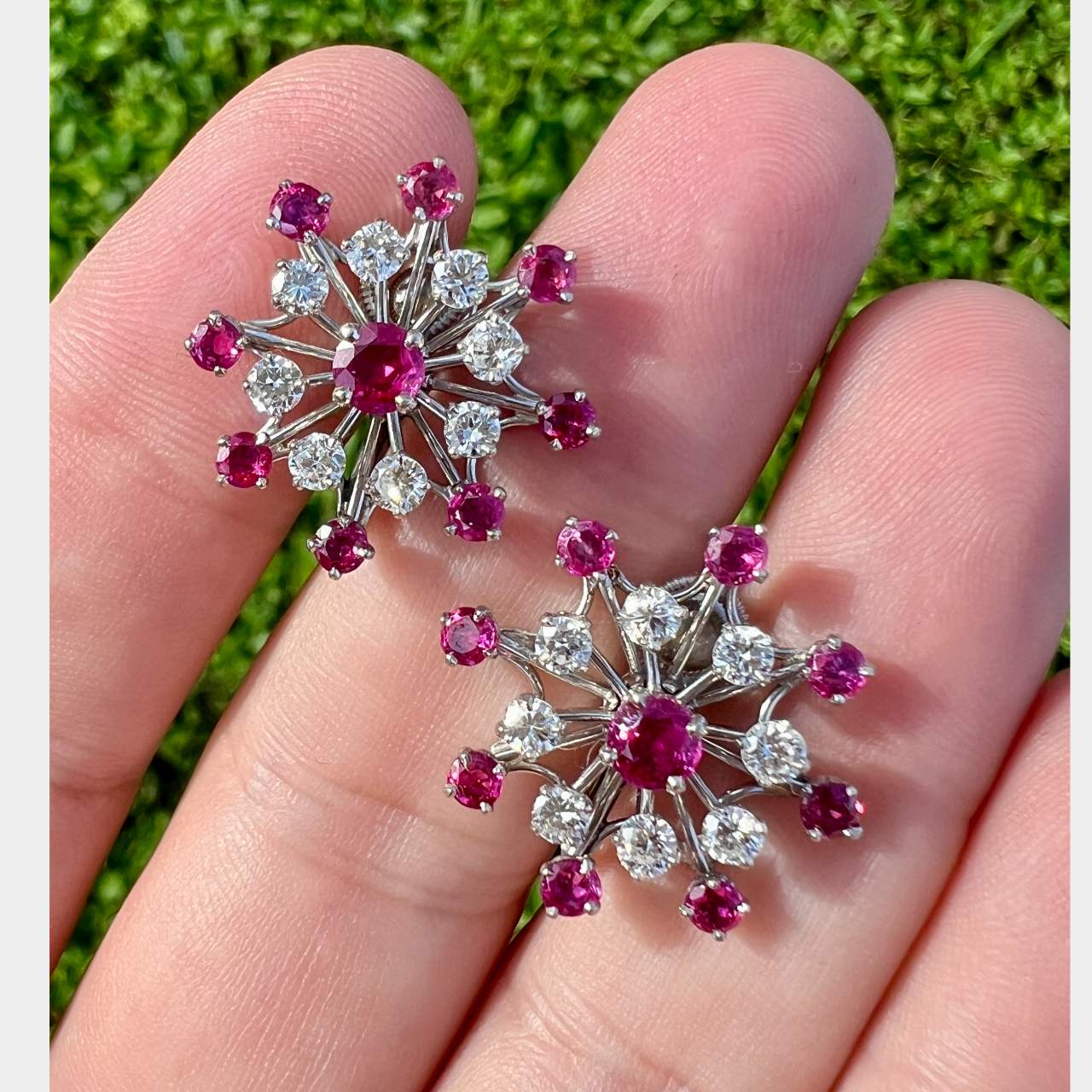Retro 14K & Palladium Burma Ruby & Diamond Firework Earrings - Image 2