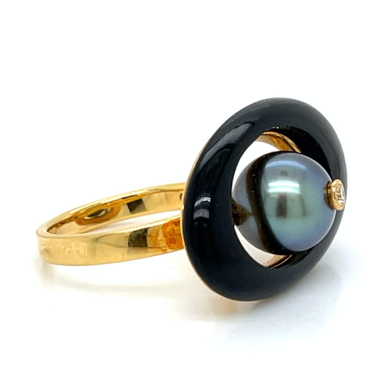 18K Yellow Gold Black Onyx, Pearl & Diamond Modernist Ring - Image 4