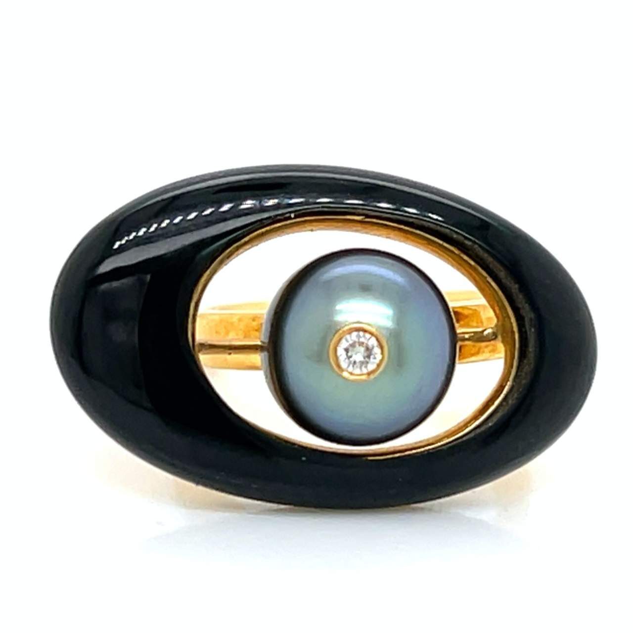 18K Yellow Gold Black Onyx, Pearl & Diamond Modernist Ring
