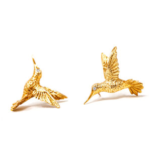 Pair of Vintage 14K Gold Hummingbird Brooches with Diamond Eyes