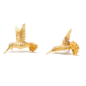 Pair of Vintage 14K Gold Hummingbird Brooches with Diamond Eyes