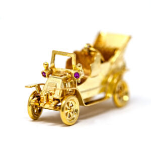 Vintage 18K Gold Antique Car Brooch with Pink Sapphire Headlights