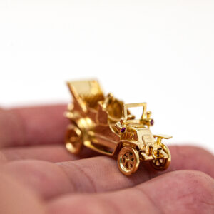 Vintage 18K Gold Antique Car Brooch with Pink Sapphire Headlights