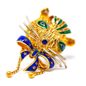 Vintage 18K Gold Cat Brooch with Blue Enamel Bow & Emerald Accents