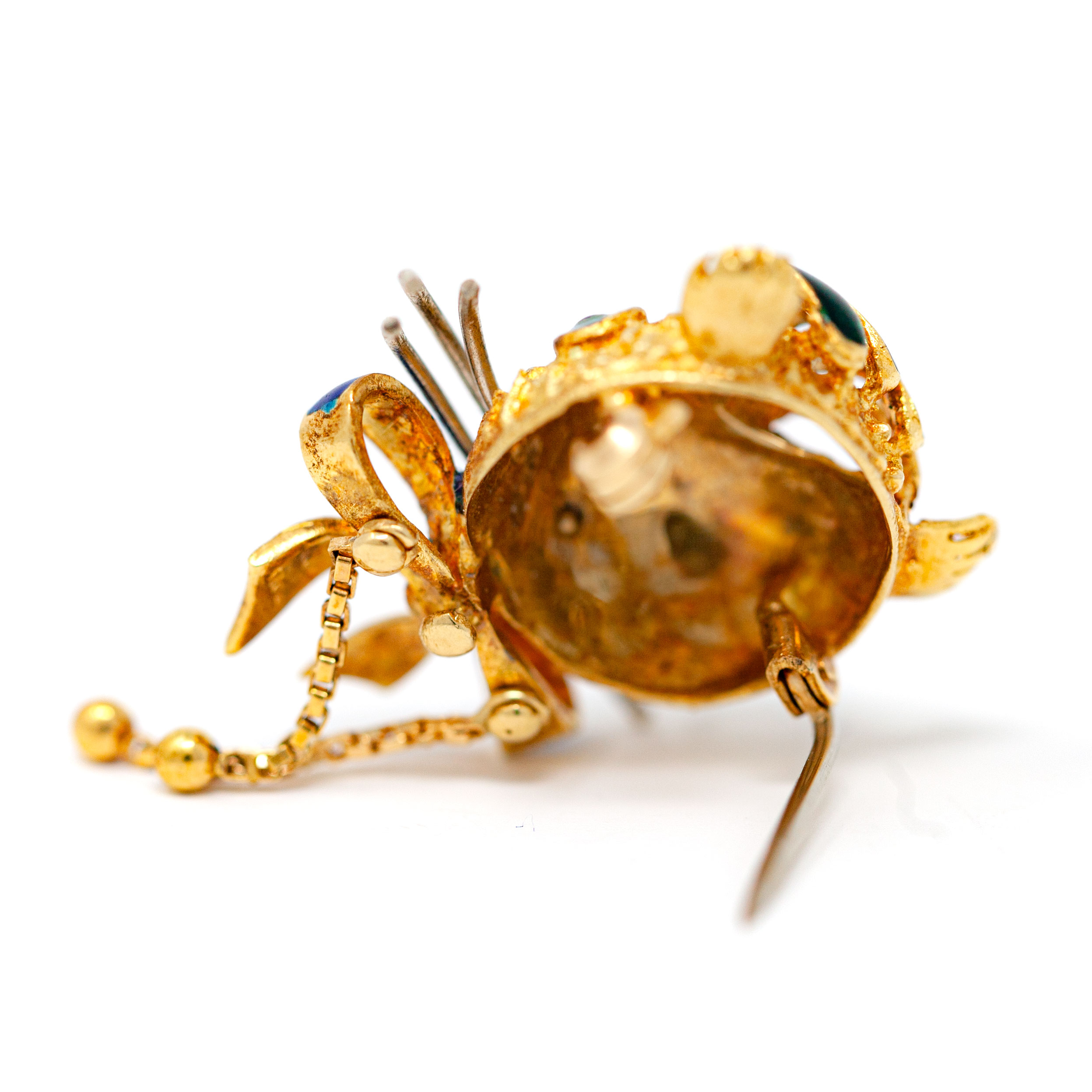 Vintage 18K Gold Cat Brooch with Blue Enamel Bow & Emerald Accents - Image 5
