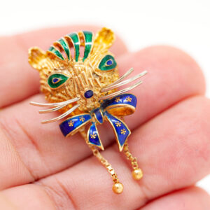 Vintage 18K Gold Cat Brooch with Blue Enamel Bow & Emerald Accents