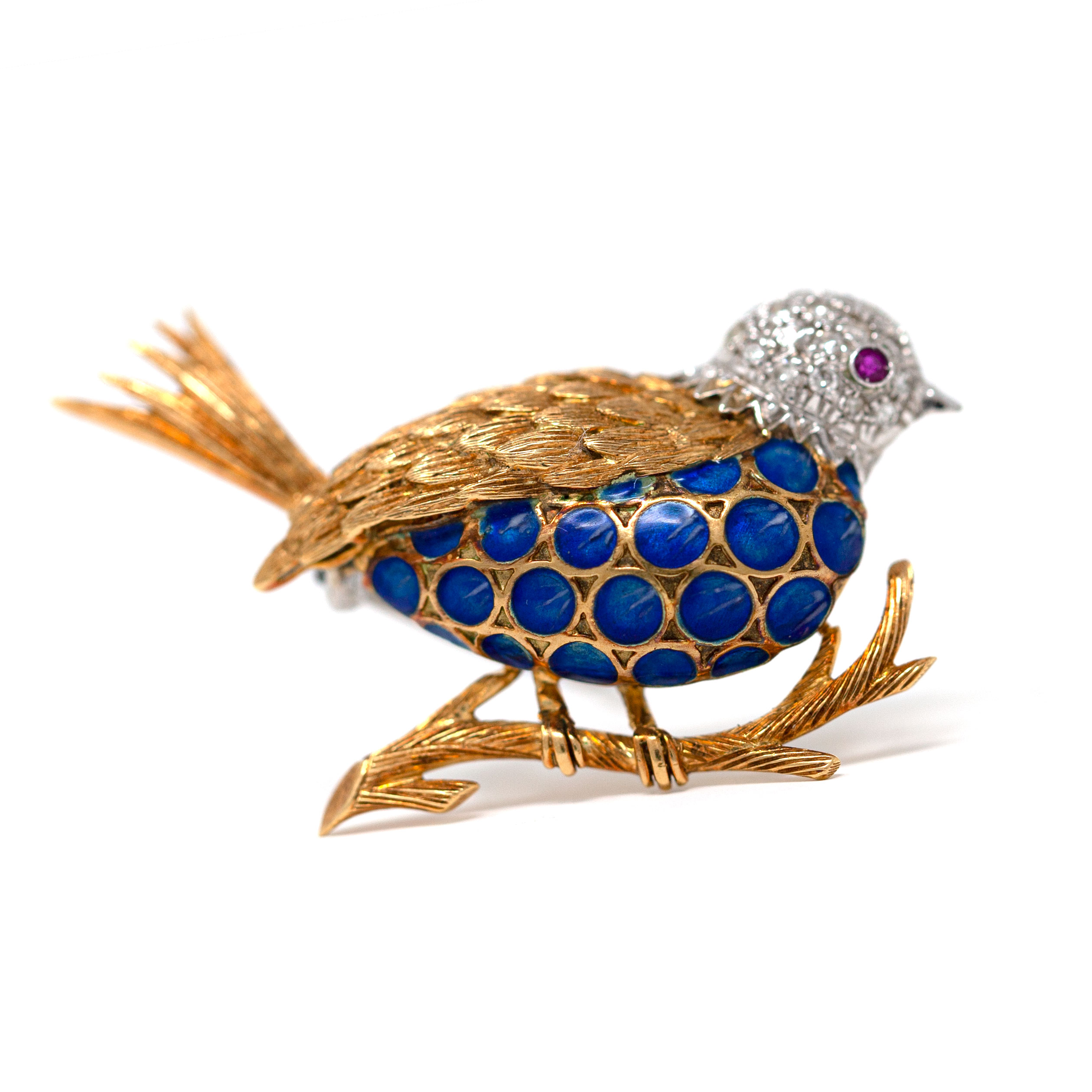 Vintage 18K Gold Bird Brooch with Blue Enamel Body and Ruby Eye - Image 6