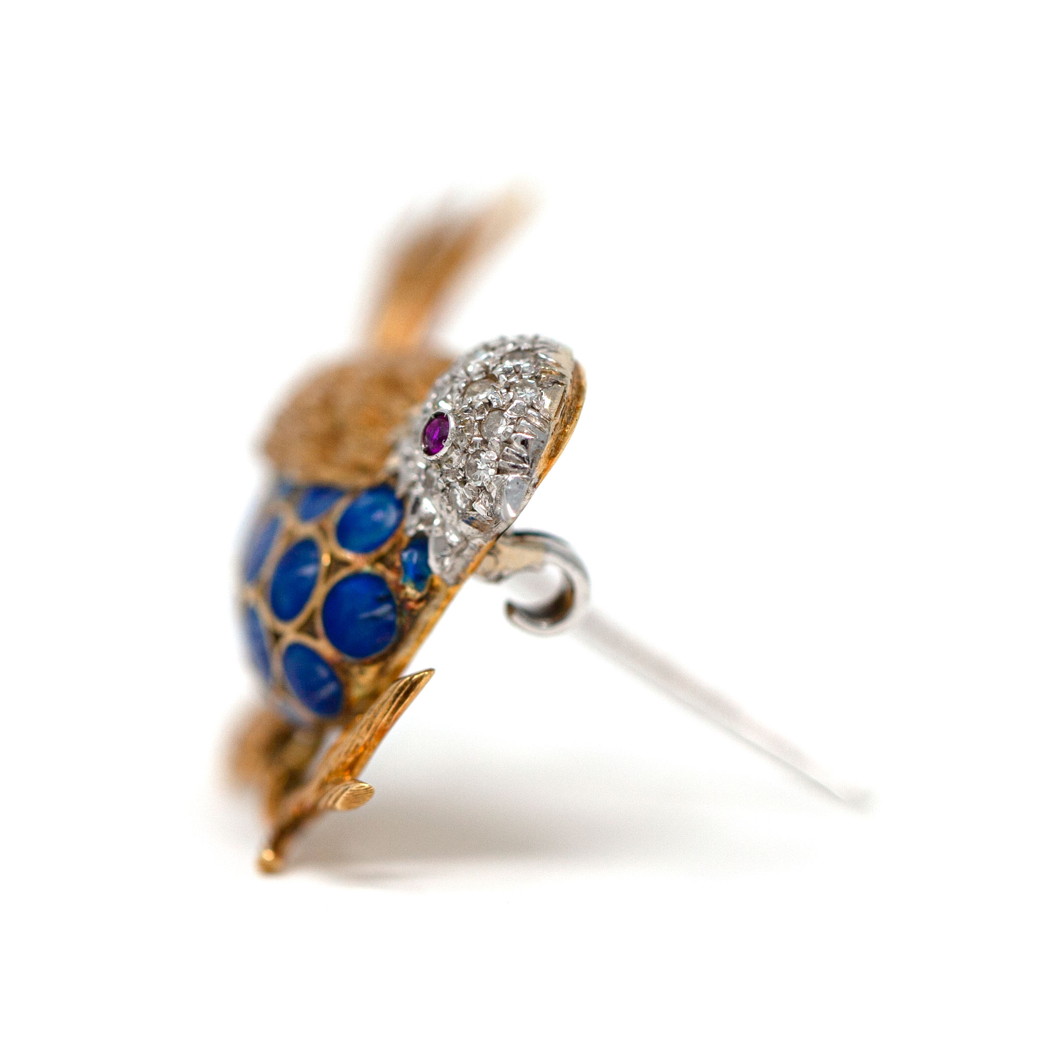 Vintage 18K Gold Bird Brooch with Blue Enamel Body and Ruby Eye - Image 5