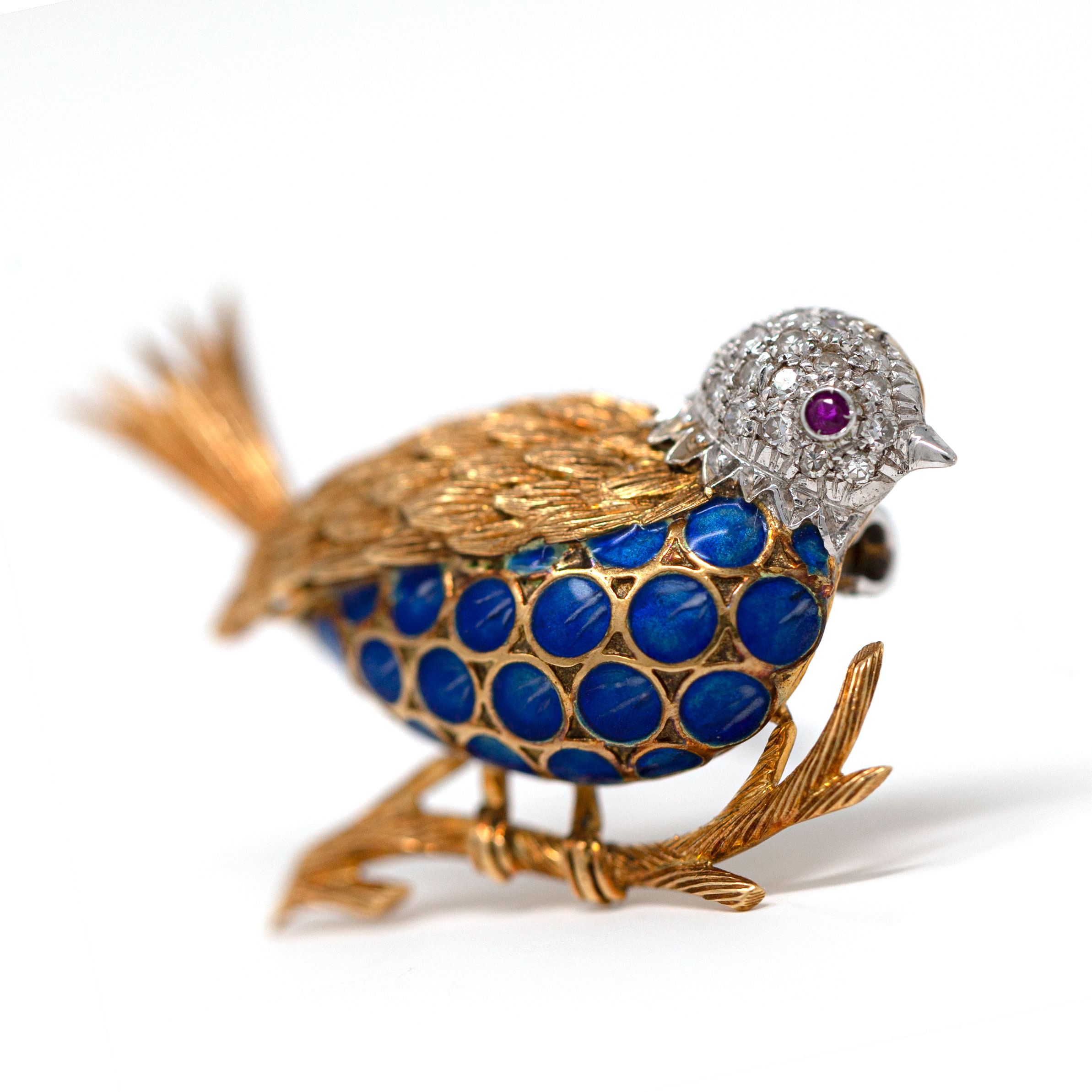Vintage 18K Gold Bird Brooch with Blue Enamel Body and Ruby Eye