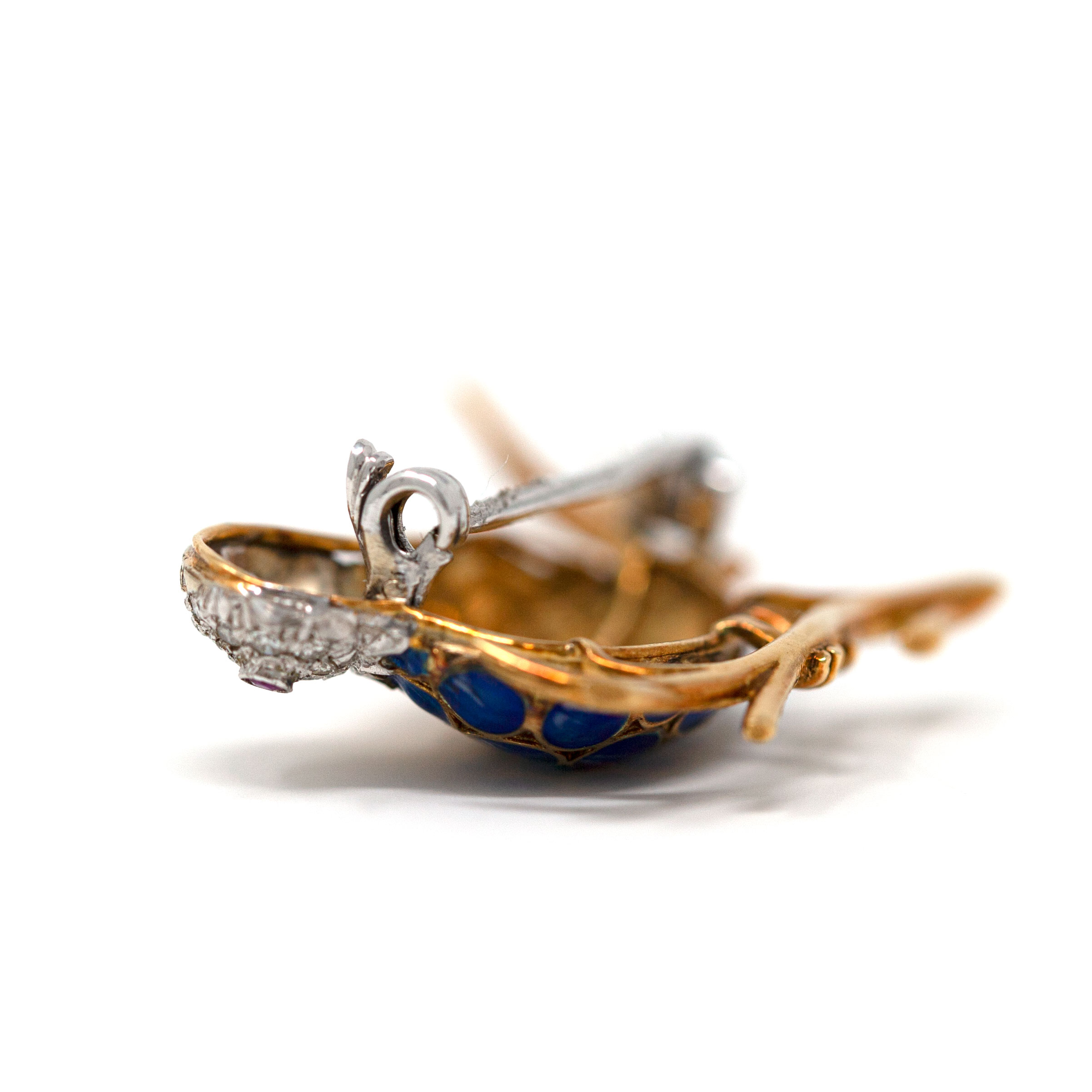 Vintage 18K Gold Bird Brooch with Blue Enamel Body and Ruby Eye - Image 3