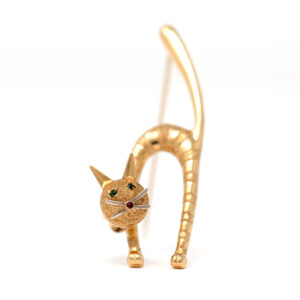 Vintage Italian 18K Gold Cat Brooch with Emerald Eyes and Ruby Nose