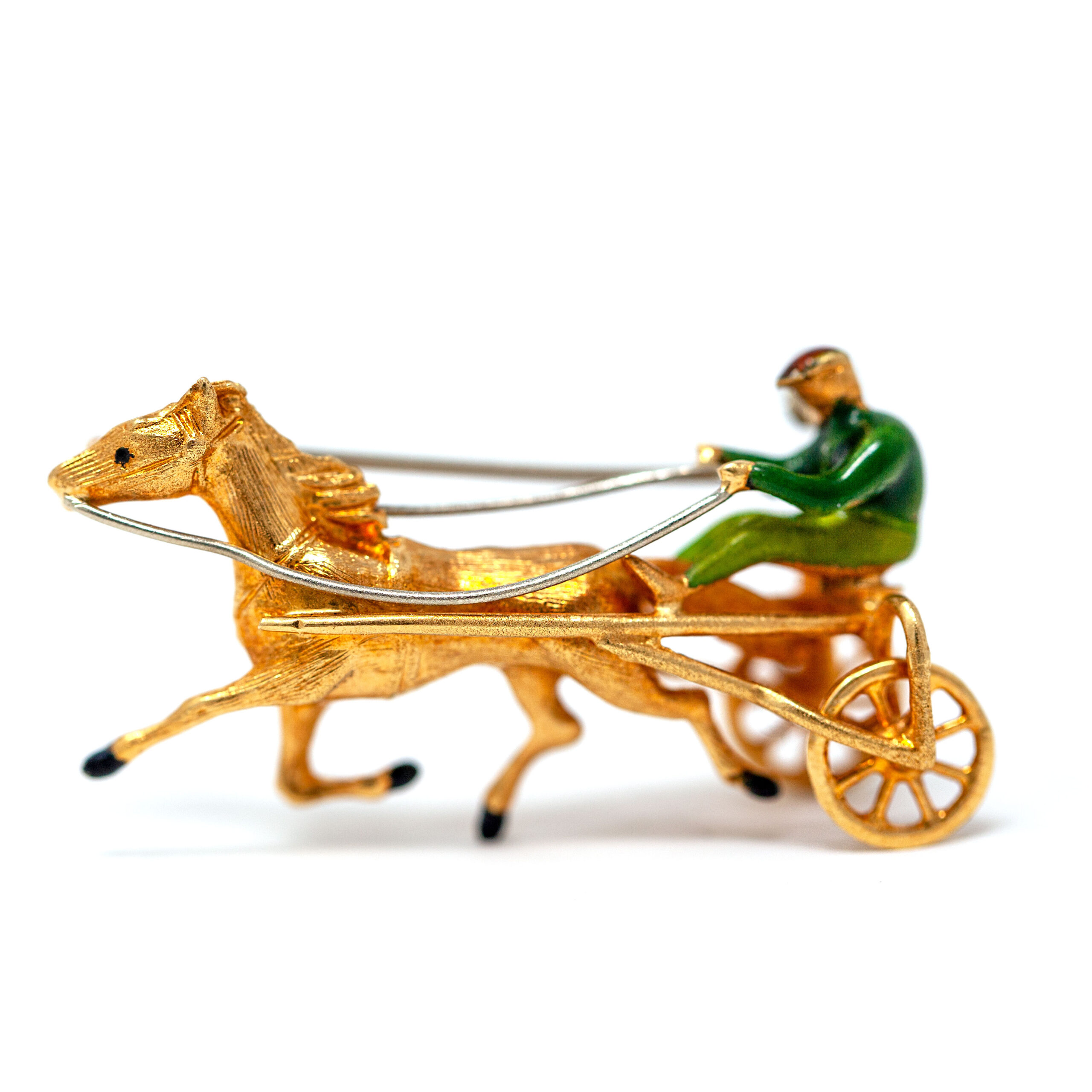 Vintage Italian 18K Gold Horse & Jockey Brooch with Enamel Detailing
