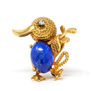 Vintage 18K Gold Duck Brooch with Lapis Lazuli and Diamond Accent
