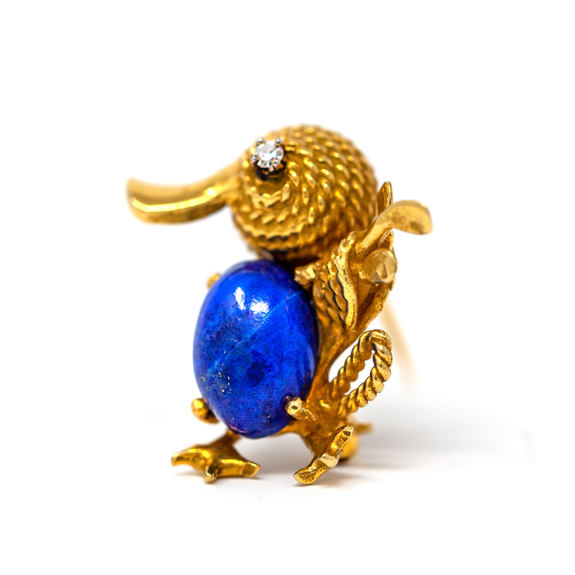 Vintage 18K Gold Duck Brooch with Lapis Lazuli and Diamond Accent - Image 3