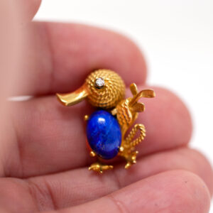 Vintage 18K Gold Duck Brooch with Lapis Lazuli and Diamond Accent
