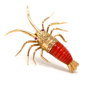 Vintage 18K Gold Lobster Brooch with Carved Coral, Diamonds, and Ruby Eyes