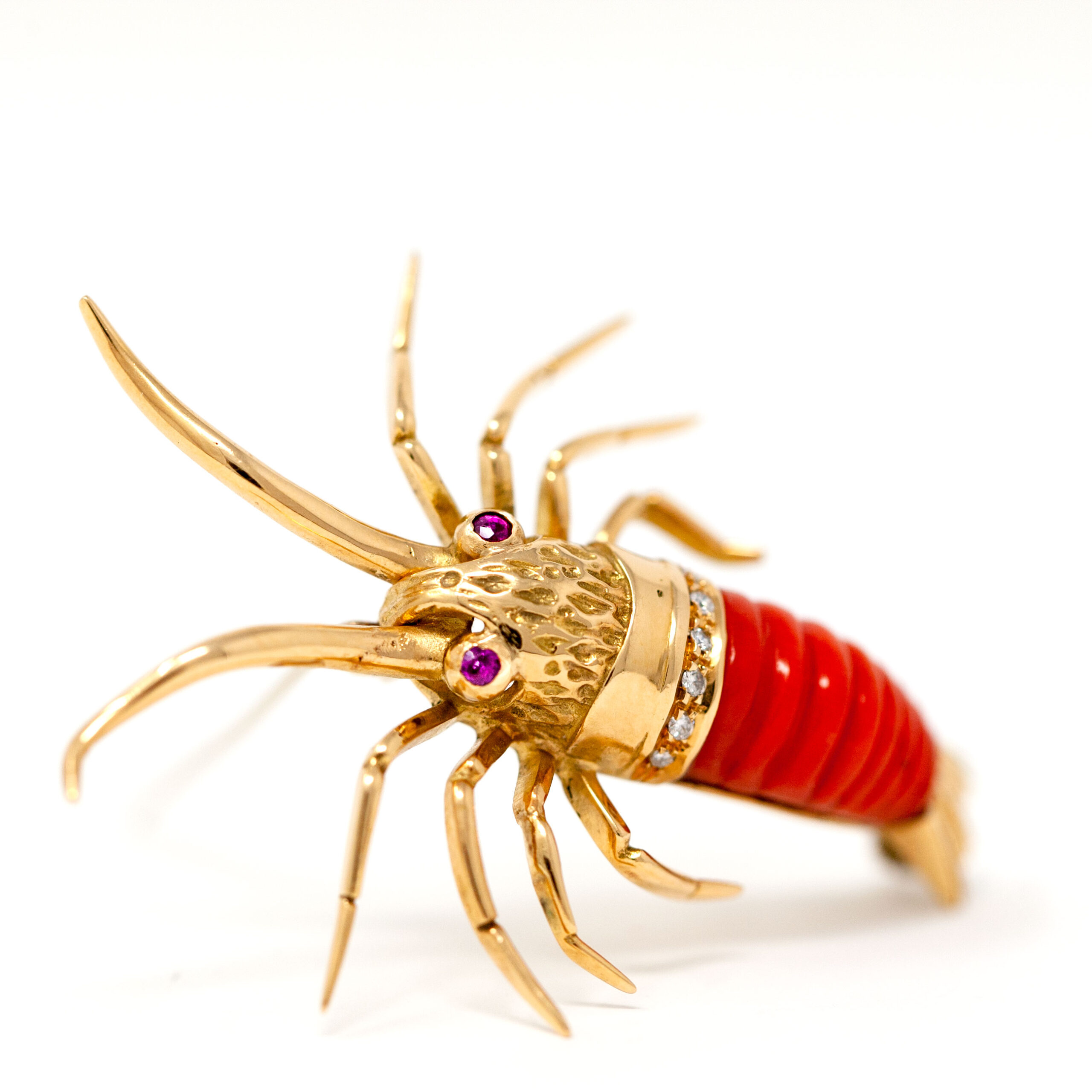 Vintage 18K Gold Lobster Brooch with Carved Coral, Diamonds, and Ruby Eyes - Image 6