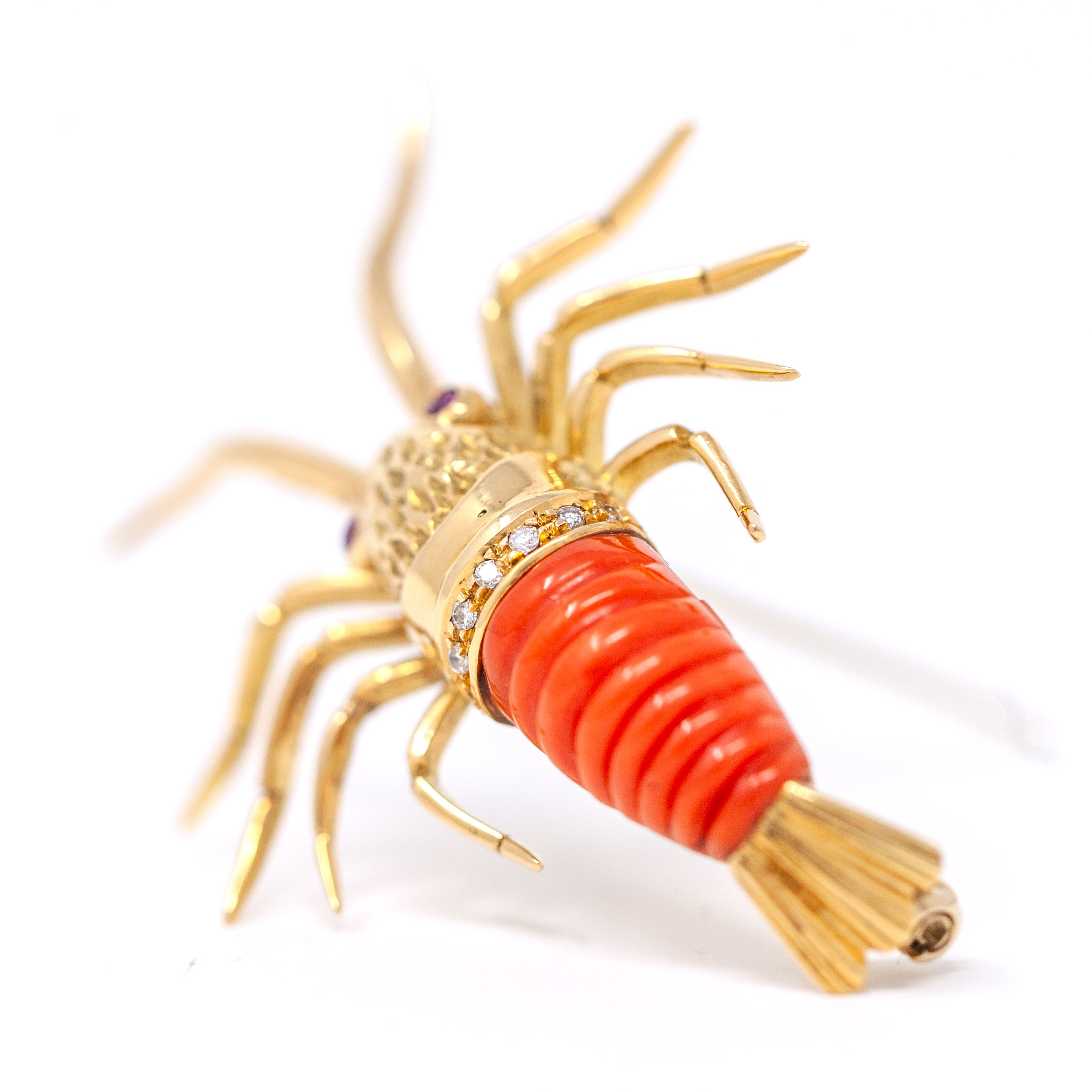 Vintage 18K Gold Lobster Brooch with Carved Coral, Diamonds, and Ruby Eyes - Image 5