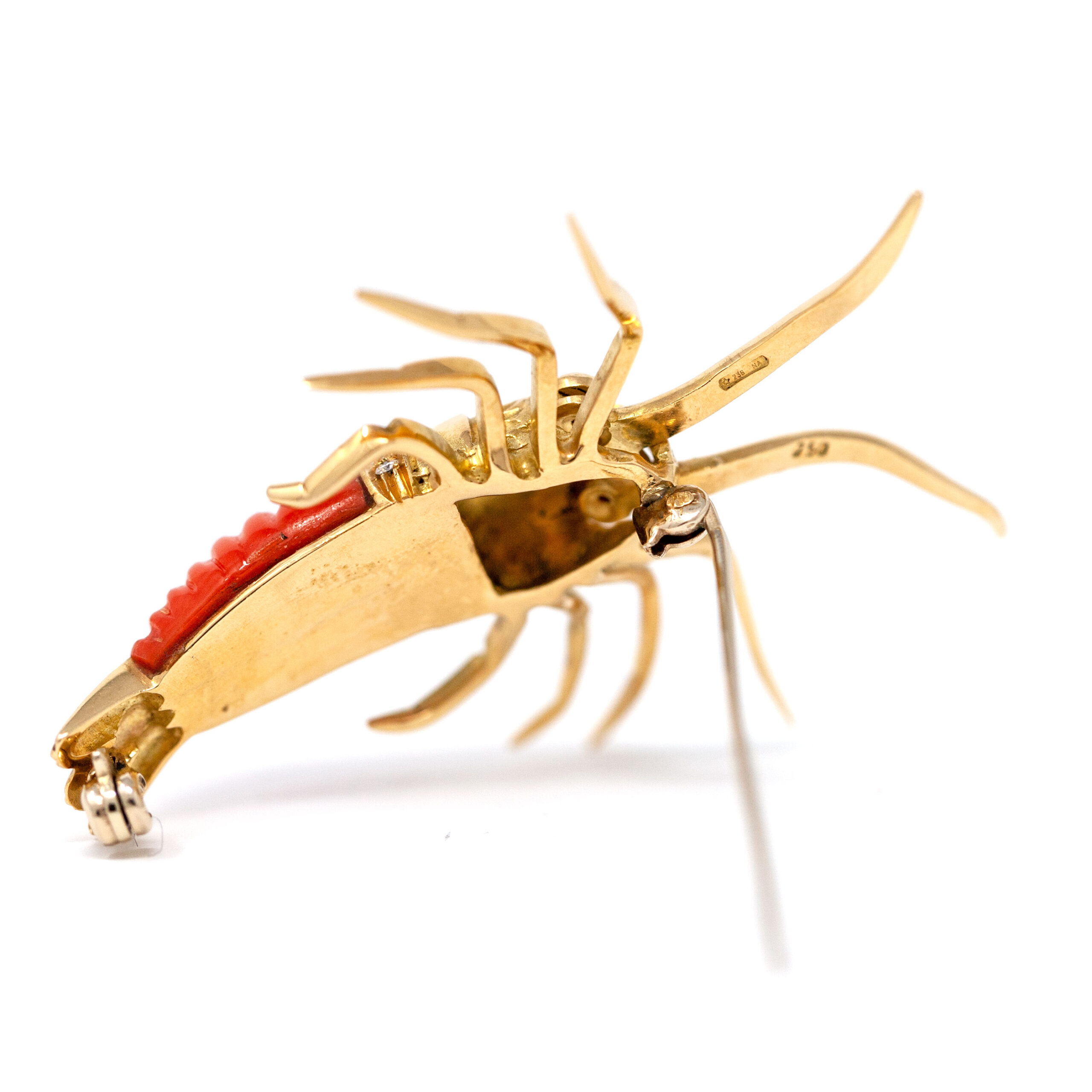 Vintage 18K Gold Lobster Brooch with Carved Coral, Diamonds, and Ruby Eyes - Image 4