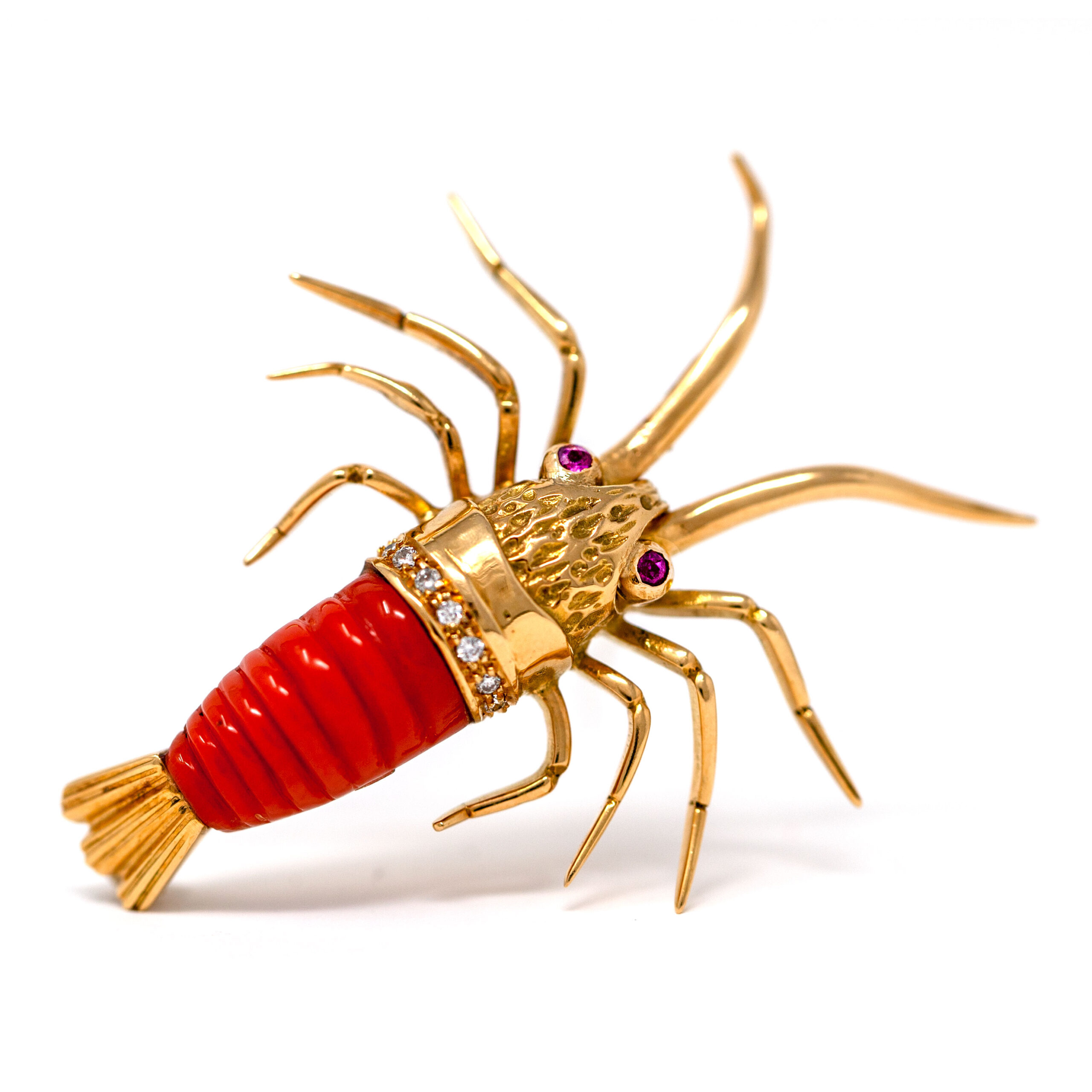 Vintage 18K Gold Lobster Brooch with Carved Coral, Diamonds, and Ruby Eyes - Image 3