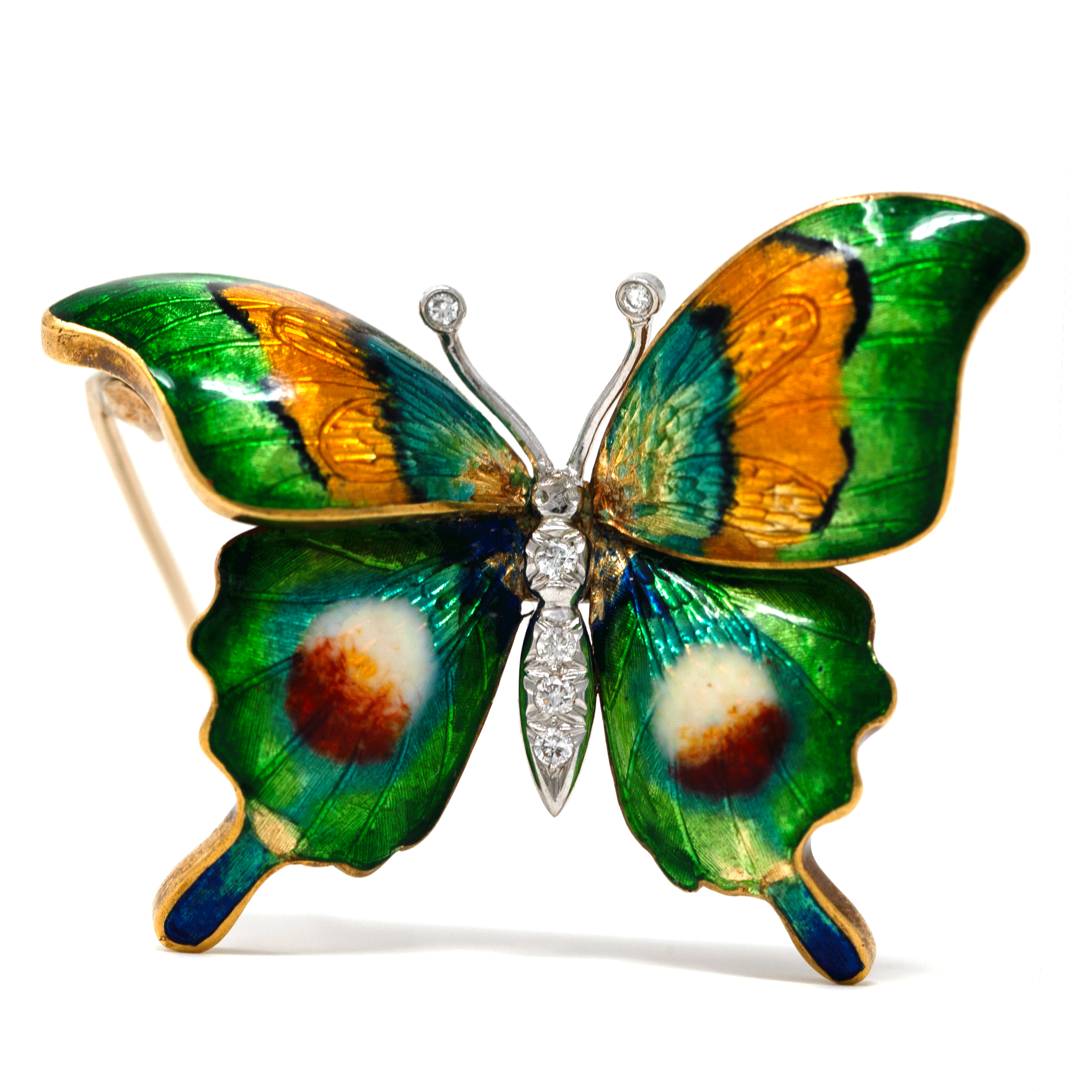 Antique Enamel & Diamond Butterfly Brooch in 18K Gold