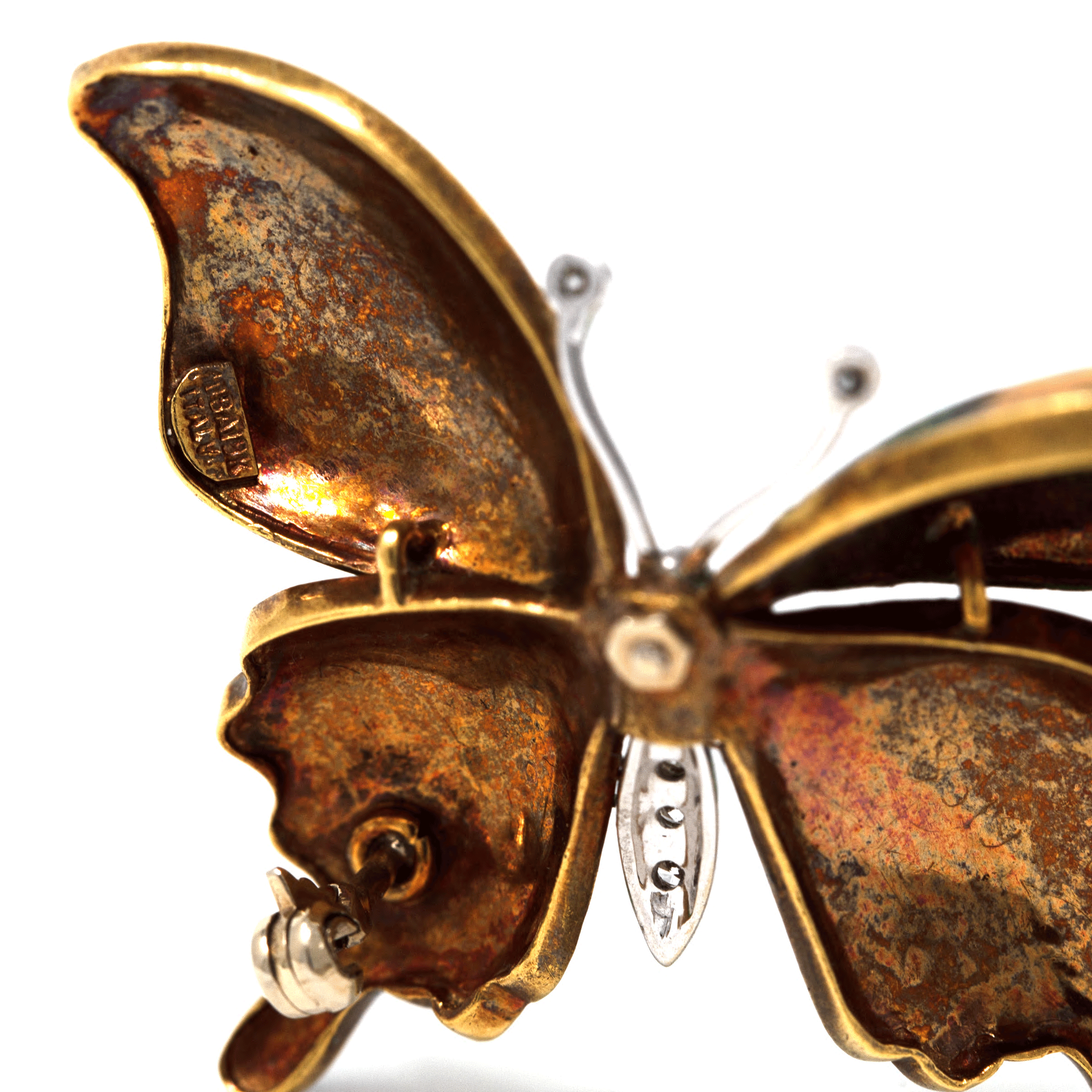 Antique Enamel & Diamond Butterfly Brooch in 18K Gold - Image 7