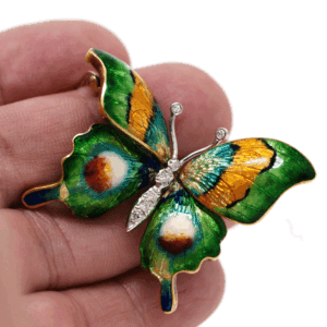 Antique Enamel & Diamond Butterfly Brooch in 18K Gold