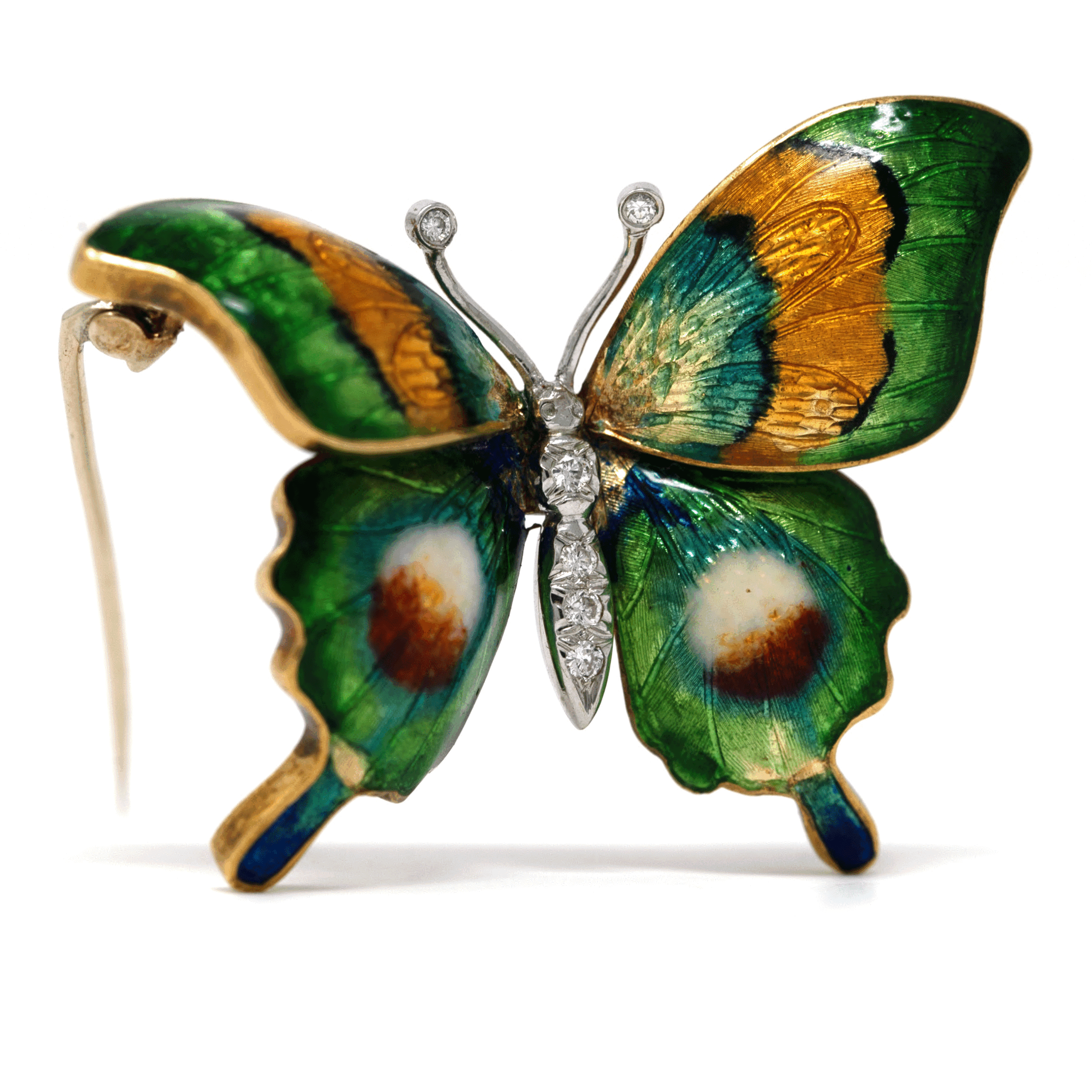 Antique Enamel & Diamond Butterfly Brooch in 18K Gold - Image 3