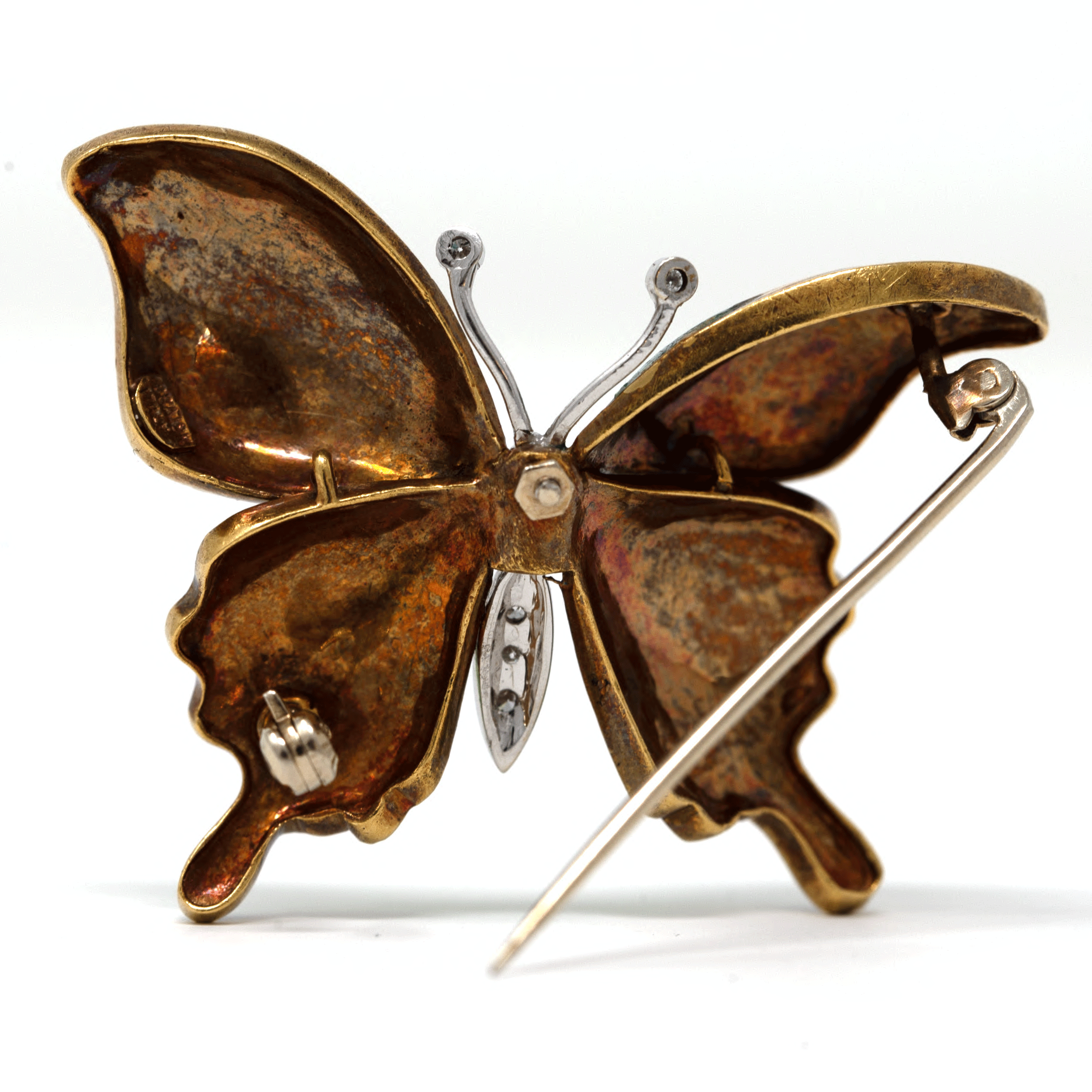 Antique Enamel & Diamond Butterfly Brooch in 18K Gold - Image 5